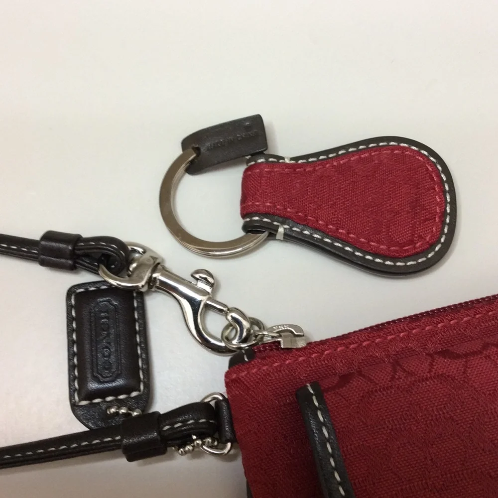 ✨ Coach Vintage Y2K Wristlet Red Brown Leather Trim Pouch Authentic Key Fob Set